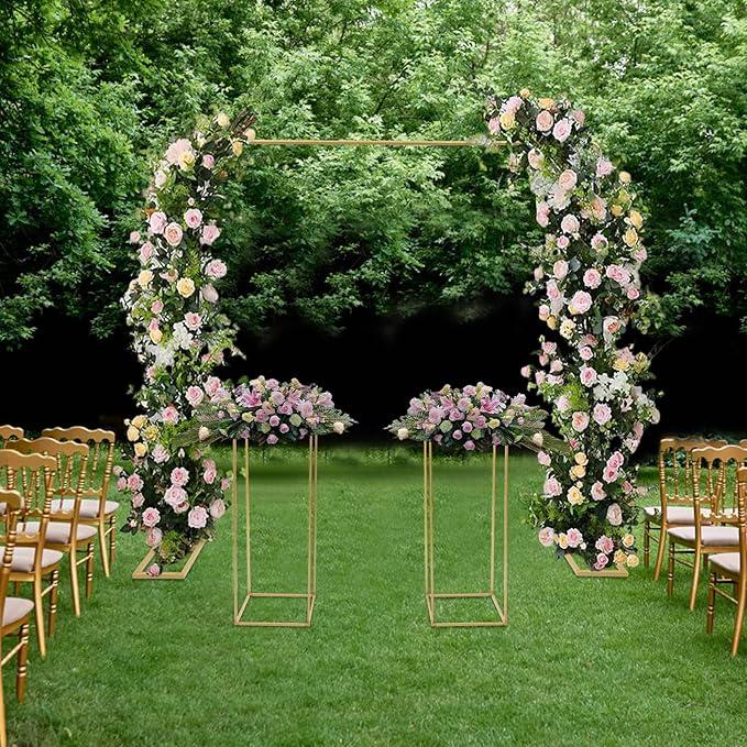 Wedding Arch Backdrop Stand Square Metal Balloon Arch Stand with Flower Stands 6.6x6.6 FT Wedding Arches Arbor Frame for Wedding Birthday Party Baby Shower Decoration (Gold,6.6Ft+31.5 inch)