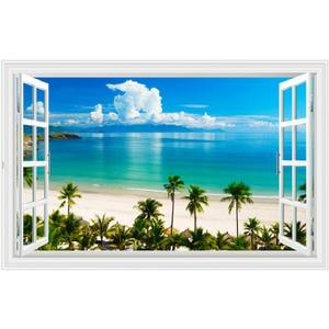 Kiddale Fake Windows Wall Sticker, Removable 3D Beach Seascape Faux Windows Wall Decals for Bedroom Living Room Decoration,27.5"x18"
