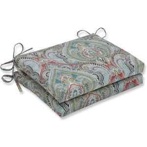 Pillow Perfect Paisley Indoor/Outdoor Square Corner Chair Seat Cushion with Ties, Plush Fiber Fill, Weather, and Fade Resistant, 16" x 18.5", Blue/Multi Pretty, 2 Count