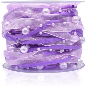 10M ArtificialBead Pearl Ribbon Chiffon Ribbon and Organza Lace Trims for Wedding Flower Christmas Tree Decoration Sewing Craft Packaging (Purple)