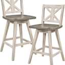 Lexicon Counter Height Stools Set of 2-Solid Wood Frame 360 Swivel Wooden Stools, Foot Rest, X Back, Wide Seat, Distressed Farmhouse Easy to Clean Finish, 24" SH, Antique White/Grey