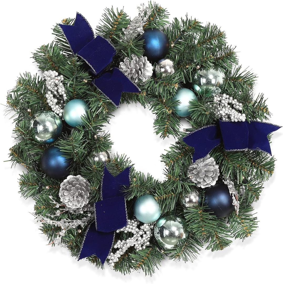 LinTimes Christmas Wreaths, 18 Inch Christmas Wreath for Front Door with 15 LED Lights, Pre-lit Christmas Decoration with Blue Bows Silver Leaves Ball Ornaments for Christmas Wall Window Decor