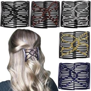 5 Pieces Elastic Magic Hair Comb Stretchy Double Comb Hair Forks Clips for Women Girls Vintage Hairstyle Multipurpose Hair Accessories (Silver,Black,Coffee,Gold,Blue)