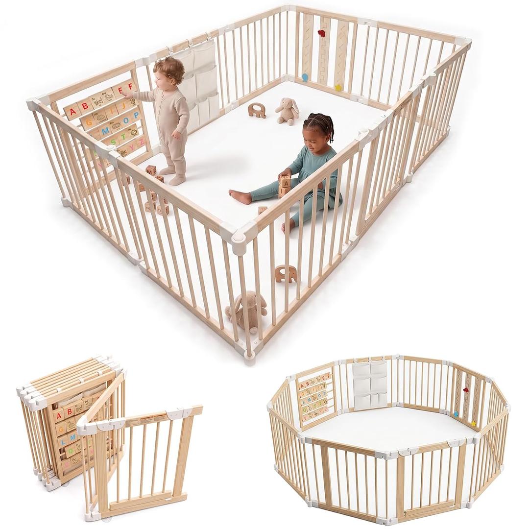 Adjustable 10-Panel Wooden Baby Playpen, 82x55x24 in