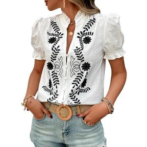 Women's Summer Tops 2026 Casual Ruffle V Neck Puff Short Sleeve Button Down Shirts Embroidered Blouses L