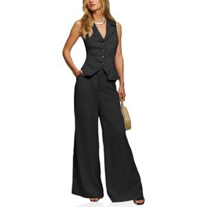 Cicy Bell Womens Vest Sets Summer 2 Piece Outfits Button Crop Blazer Vest and Wide Leg Pant Suits, Small
