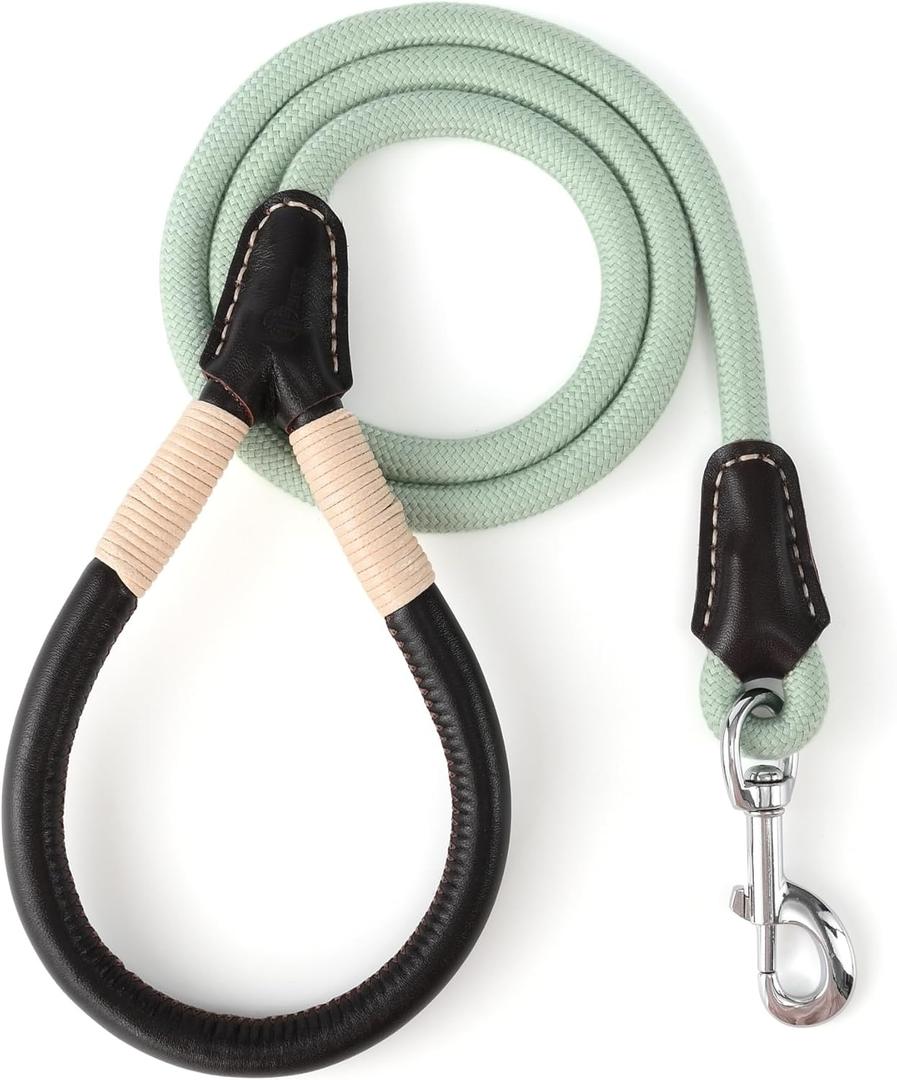 Mile High Life Genuine Leather Wrapped Handle Dog Leash, w Heavy Duty Clasp Rope Leash for Small Medium Large Dogs (Green, 6FT) (72 Inch-1/2")