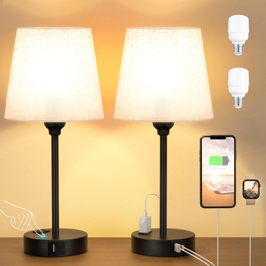 Mini Bedside Lamps for Bedrooms Set of 2 - Nightstand Bedroom Lamps with USB C Port and AC Outlet Charging, Dimmable Touch Small Bed Side Table Lamp, Black Night Stand Light for Kids/Guest Room