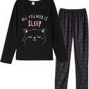 VENTELAN Women Pajamas Cute Christmas Sleepwear Plus Size Loungewear Set Long Sleeve Night Suits,XXL Black Cat