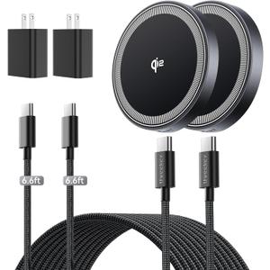 THREEKEY 2 Pack 15W Qi2 Certified Magnetic Wireless Charger 6.6ft Cable, Fast Charging Pad for iPhone 17-12&Airpods Series(20W Adapter Included)