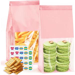 50 Pack Bakery Bags with Window - Reusable Cookie Bags With Seal Can Stand Upright Cookie Packaging Bag With Tin Tie Tab Lock Kraft Paper Bread Bags For Pastry,Donuts,Popcorns,Snacks, Small