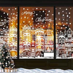 DIYDEC 15.1 * 27.3'' Large Christmas Window Clings 4Pcs Xmas White House Window Stickers for Glass Double Sided Winter Town Decals for Holiday Home Shop Decoration