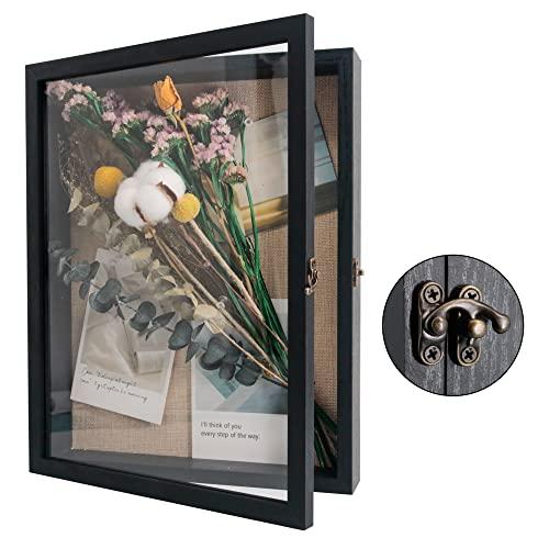 GraduatePro Shadow Box Frame 11x14 Display Case with Linen Back, Real Glass Window Door with Hinge, Picture Frame Wedding Bouquet Memorabilia Medals Photos Memory Box for Keepsakes, Rustic Black