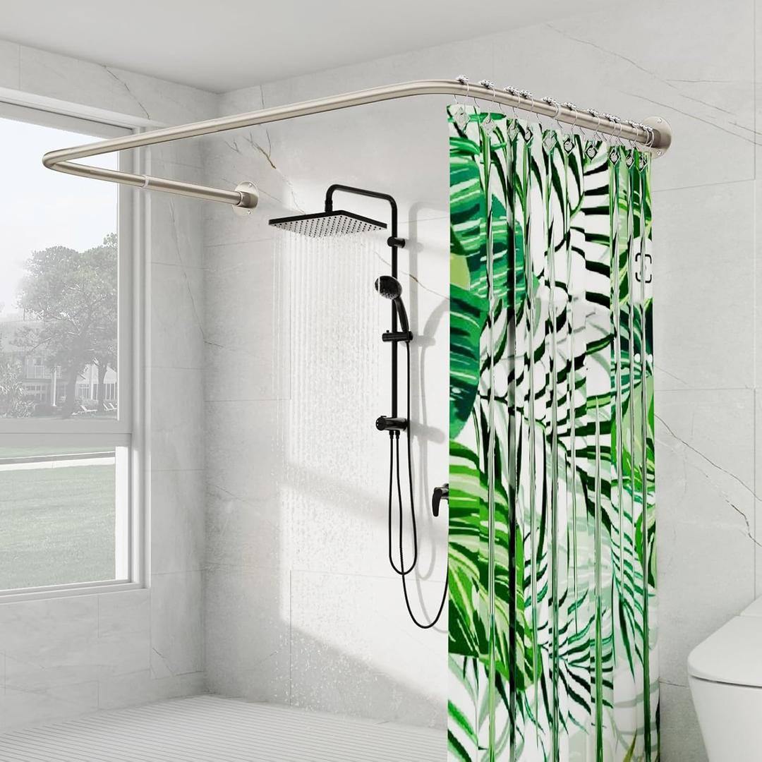U Shaped Shower Curtain Rod, Brushed Nickel [Both Sides: 23"-52", Middle: 31"-46.5"] Adjustable Outdoor Shower Rod Corner Curtain Pole for Bathroom Bathtub with Ceiling Support & 12 Hooks