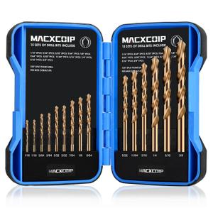Cobalt Drill Bit Set, 15Pcs M35 High Speed Steel Jobber Length Drill Bit Kit for Hardened Metal, Stainless Steel, Cast Iron, Wood and Plastic, with Index Storage Case, 1/16"-3/8"