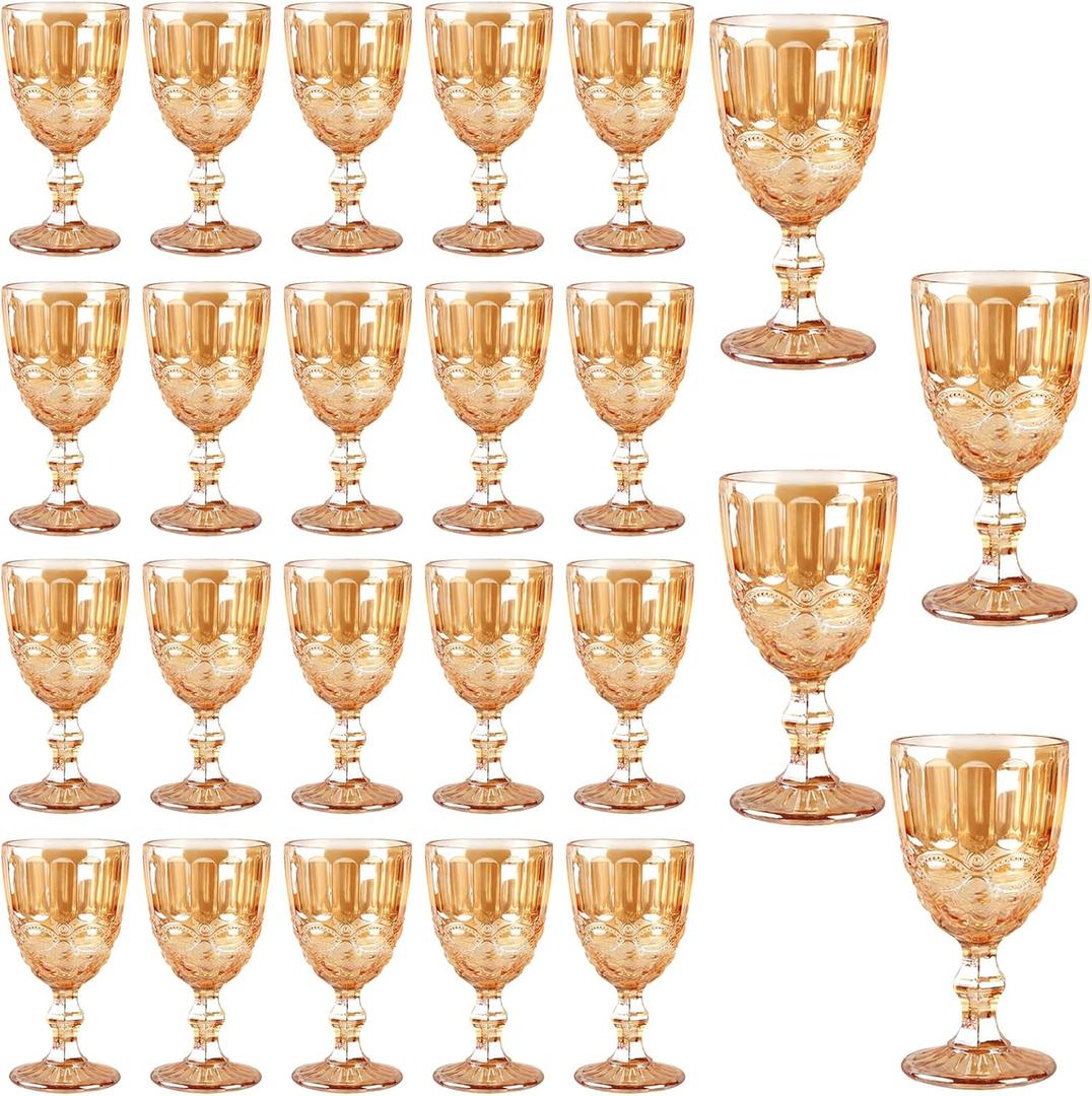 24 Pcs Vintage =Glasses, 10 Ounces Colored Glass Water Goblets, Unique Embossed Pattern High Clear Stemmed Glassware Wedding Party Bar Glass Drinking Cups, Floral Amber Glasses Set of 24