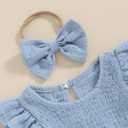 Newborn Baby Girl Clothes Ruffle Sleeve Solid Smocked Bubble Romper Jumpsuit Bow Headband Cute Summer Clothes (Blue)
