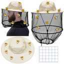 47 Pcs Beekeeper Set,Including 2 Pcs Bee Hat and Veil, 15 Pcs Hairball Bee and 30 Pcs Round Double Sided Tape,Beekeeping Helmet Hats with Netting,for Bee Keeper Halloween Costume (Set - A)
