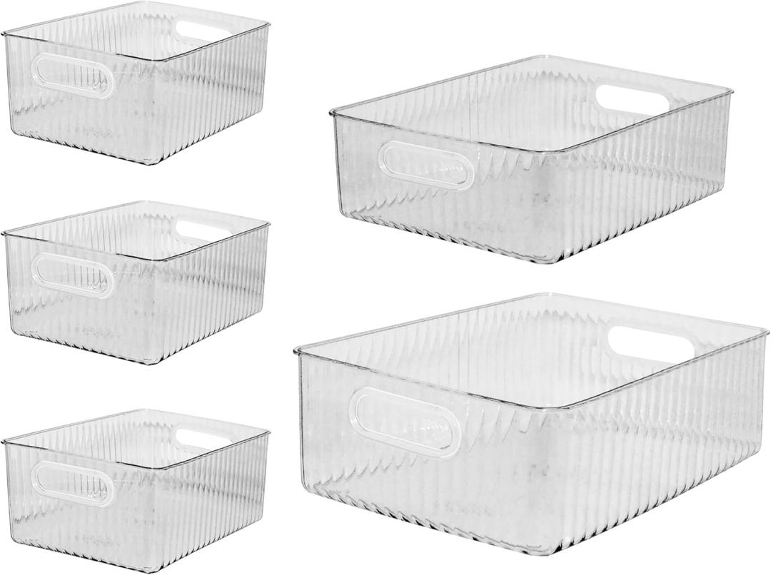 Oggi Set of 5 Clear Fluted Storage Bins with Handle - Durable Plastic Organizers for Fridge, Pantry, Cabinets & Countertop, Modern Farmhouse Style, 5 Sizes for Kitchen Organization and Storage
