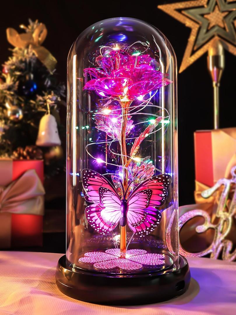 Valentines Day Rose Gifts for Her Birthday Gift for Women, Rechargeable Galaxy Glass Rose in Glass Dome Crystal Roses Butterfly Anniversary Valentine Gifts for Women Daughter Mom Wife Girlfriend Pink