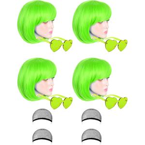 4 Pack Colored Wigs Neon Colorful Wig Short Bob Hair Wig Neon Fun Party Wig Costume Wigs with Heart Sunglasses (Green)
