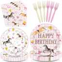96 Pcs Horse Birthday Party Decoration Pink Checkered Pony Floral Plates and Napkins Western Cowgirl Tableware Set for Kids Racing Horse Birthday Baby Shower Party Supplies, Serves 24