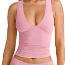 YFANG Women's Summer Deep V-Neck Ruched Crop Tank Top Sexy Sleeveless Double Lined Crop Top Pink Large