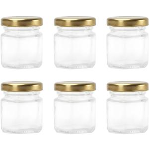 1.5oz 6Pack Mini Glass Hexagon honey Jars Gold Lids, Jam Honey DipperWedding FavorsBaby FoodCandleCrafts Canning JarGlasses jar (Golden)