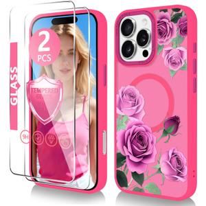 with Magnetic for iPhone 16 Pro MAX Case with Screen Protector, Anti-Fingerprint Translucent Matte Phone Cover for Girls Women-Rose/Purple