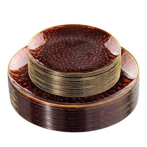Rubtlamp 60Pcs Amber Plastic Plates - Brown Disposable Plates With Gold Rim, Clear Heavy-duty Party Plates, Hammered Plates Include 30 Dessert Platos, 30 Dinner Platos for Party