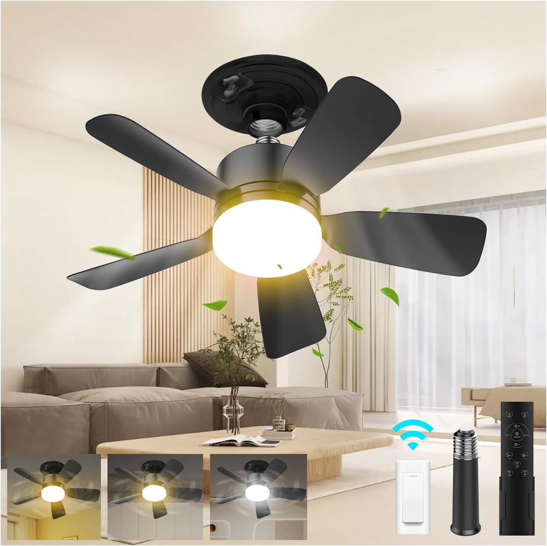 17.5" Socket Fan 25W 1600 Lumens, 3 Colors 3000-6000K Light Bulb Fan, 6 Speed Wind Screw in Ceiling Fans in Light Socket for Bedroom, Living Room, Kitchen, Laundry Room, Garage (Black)