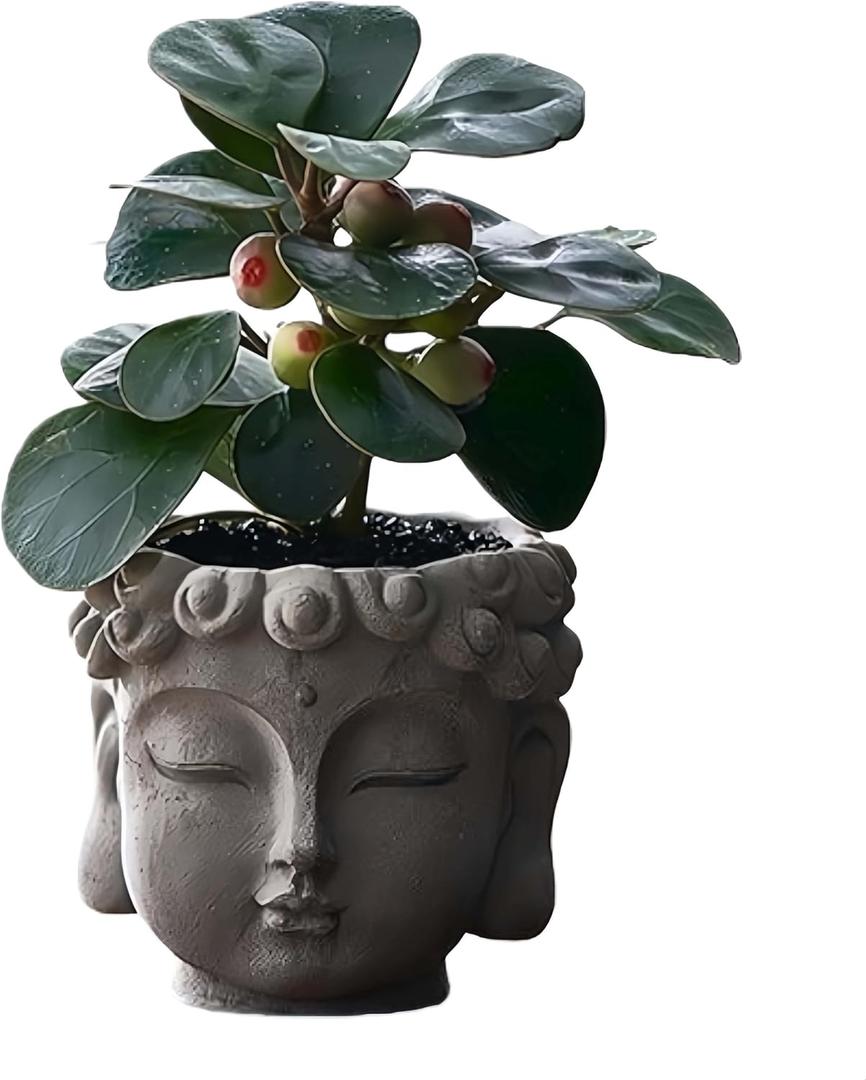Buddha Head Planter with Drainage Hole - Zen Flower Pot for Succulents, Unique Garden Farmhouse Decor, Home & Office Decor, Gift for Plant Lovers (Grey)