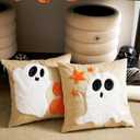 DN DECONATION Halloween Decorations Ghosts Pillow Covers 18x18 Set of 2, Ghost and Pumpkin Decor Halloween Throw Pillow Cover, Cute Soft Decorative Couch Sofa Pillows Cases Home Decor - Beige & Velvet