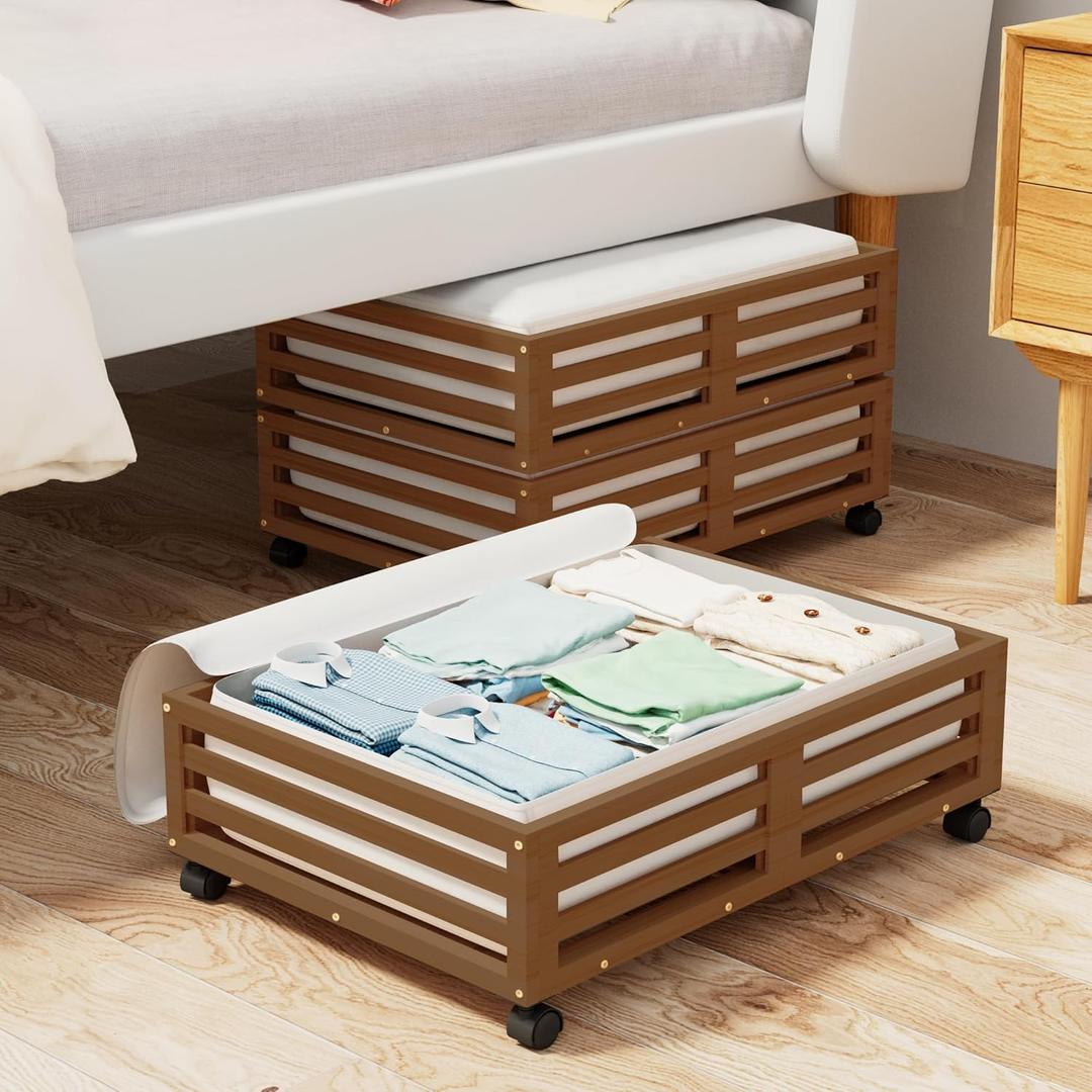 Bamboo Under Bed Storage Containers- Underbed Organizer with Wheels with Large Capacity Dust Bag,Sturdy Wood Rolling Under Bed Shoe Storage Organizer 2 Packs (Walnut, 23.62"16.54")