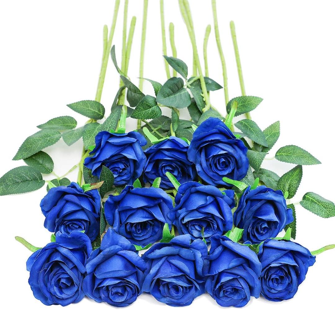 Tifuly Royal Blue Roses Artificial Flowers -12 pcs Realistic Single Long Stem Fake Silk Roses Bouquet for Party Home Wedding Centerpiece Office DIY Decor 