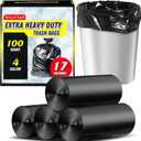 100 Count 17 Micron Extra Heavy Duty 4 Gallon Trash Bags, Sturdy & Tear-Resistant Small Trash Bags for Bathroom & Kitchen, Black