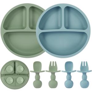 2 Pack Baby Plates with Suction, 2 Pack Silicone Forks and Spoons Set, Baby Led Weaning Supplies, BPA Free, Toddler Utensils for Feeding Essentials (Blue)