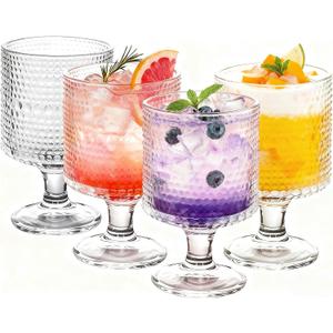 4 Pack Vintage Goblet Glasses, Hobnail Drinking Glassware, 8 oz Vintage Wine Glasses for Cocktail, Whiskey, Beer, Juice