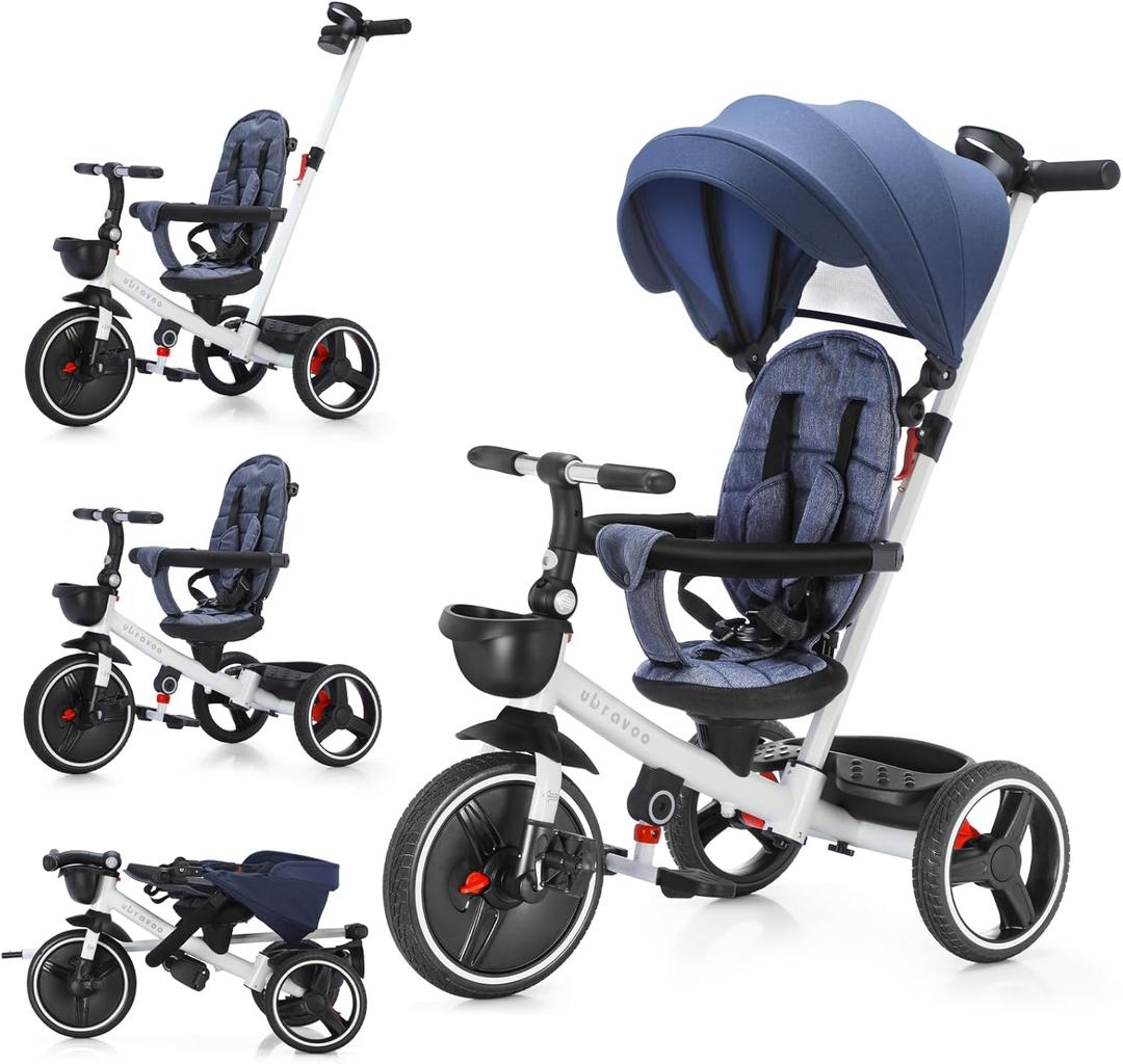 6-in-1 Baby Tricycle, Folding Kids Trike with Adjustable Parent Handle, Safety Harness, Wheel Brakes, and Removable Canopy, Stroller Bike Gift for Toddlers 10 Months to 5 Years (Blue)