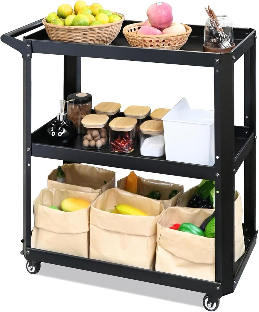 3 Tier Metal Utility Rolling Cart with Wheels, Heavy Duty Storage Organizer Trolley Cart for Kitchen, Bathroom, Office, Bedroom – Multi-Purpose 330Lbs Capacity Utility Cart on Wheels, Black 13.6"D x 27.5"W x 31.5"H