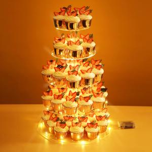 Kimdee 5 Tier Acrylic Cupcake Stand Round Acrylic Cupcake Holder Tower Display for Dessert Table with LED Light String (Yellow)