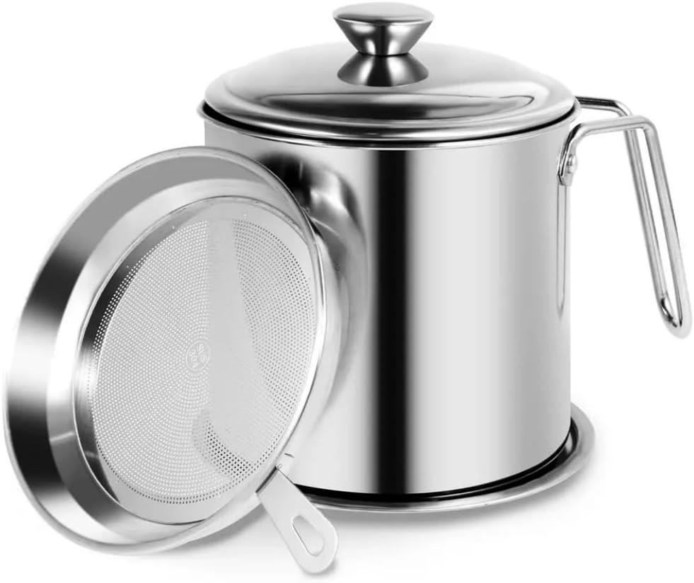 Bacon Grease Container with Strainer & Lid - 43oz 304 Stainless Steel Oil Keeper for Kitchen, Leakproof Grease Saver, Fry Fat Storage Organizer for Cooking Oil/Grease, Steel Handle
