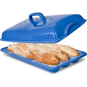 Baguette Pan with Lid for French Bread  3 Slot Blue Bread Baker Tray  Ceramic Baguette Mold for Sub Rolls, Hoagie, Italian Loaf  Easy-Lift Handle & Vented Crisp Crust Baking