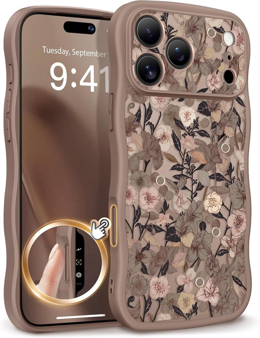 GVIEWIN for iPhone 17 Pro Max Case Compatible with MagSafe [Curly Wave Edge][Full Camera Protection] Floral Translucent Shockproof Magnetic Women Phone Case for 17 Pro Max, Apricot Blossom/Brown
