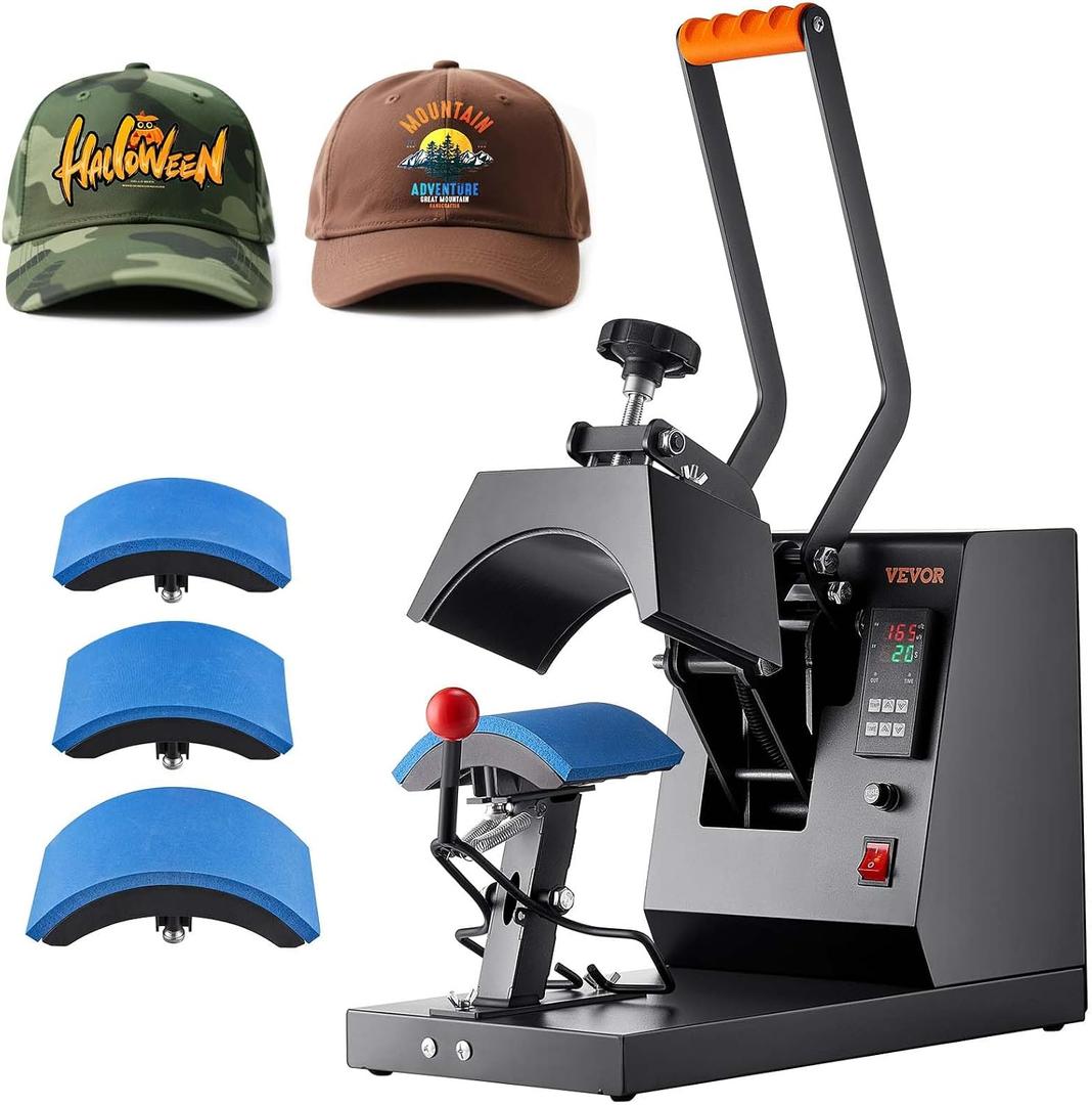 VEVOR 4-in-1 Heat Press Machine for Hats with 6x3inches Curved Teflon-Coated Heat Plate, Easy Temperature Control Non-Slip Base, Four Replaceable Elements 6x3/6.7x2.7/6.7x3.8/8.1x3.5inches