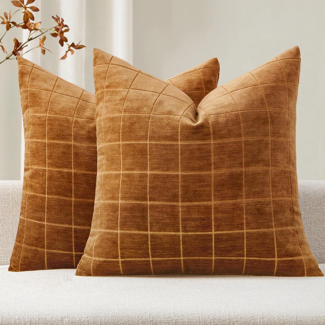 MIULEE Decorative Chenille Check Throw Pillow Covers Vintage Plaid Couch Pillows 18x18 Inch Set of 2 Neutral Boho Farmhouse Cushion Covers Modern Spring Home Decor for Sofa Bed Living Room Bronze
