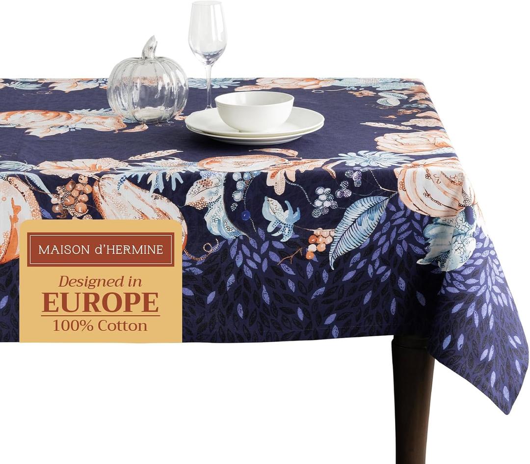 Maison d' Hermine Table Cloth Rectangle Table 100% Cotton 70 x 90 Inches Fall Tablecloth Reusable Everyday Use for Thanksgiving Christmas Decorations Dining Farmhouse Party (Pumpkin Blues)