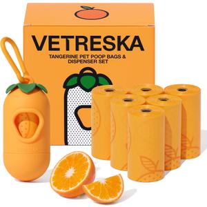 VETRESKA Dog Poop Bag Dispenser with Citrus Scented Waste Bags, Leak Proof, Extra Thick and Large Pet Poop Bags for Walking Dog and Cats Litter, 1 Count Holder and 105 Bags, Orange