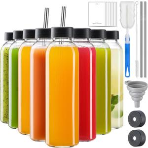 8 Pack 18 oz Glass Juice Bottles with 2 Stainless Straws & 2 Lids w Hole, Reusable Water Bottles for Juicing, Smoothies, Kombucha with Brushes & Airtight Lids for Refrigerator, BPA Free & Leak Proof