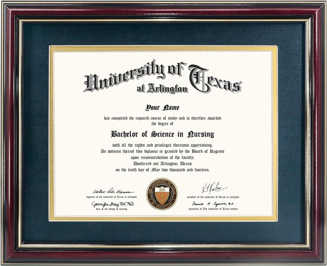 GraduationMall 8.5x11 Diploma Frame with Navy over Gold Mat or Display 11x14 Certificate without Mat,Solid Wood & Tempered Glass,Glossy Cherry Finish with Gold Trim